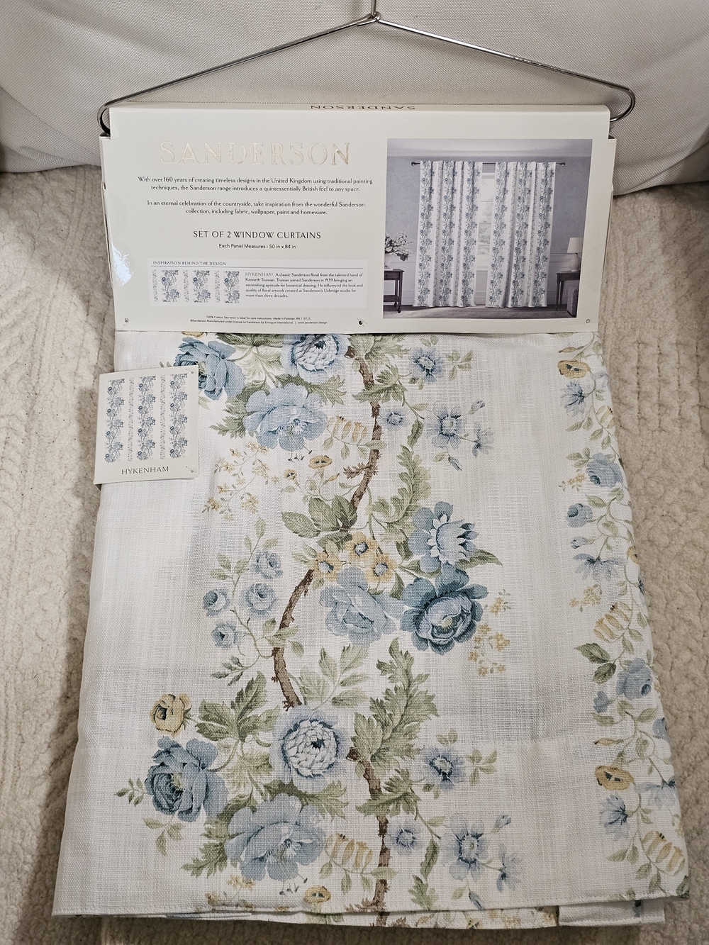SANDERSON Hykenham Floral Cottage Cotton Curtains 2 Drapes 50" x 84” Blue HTF - Picture 2 of 5